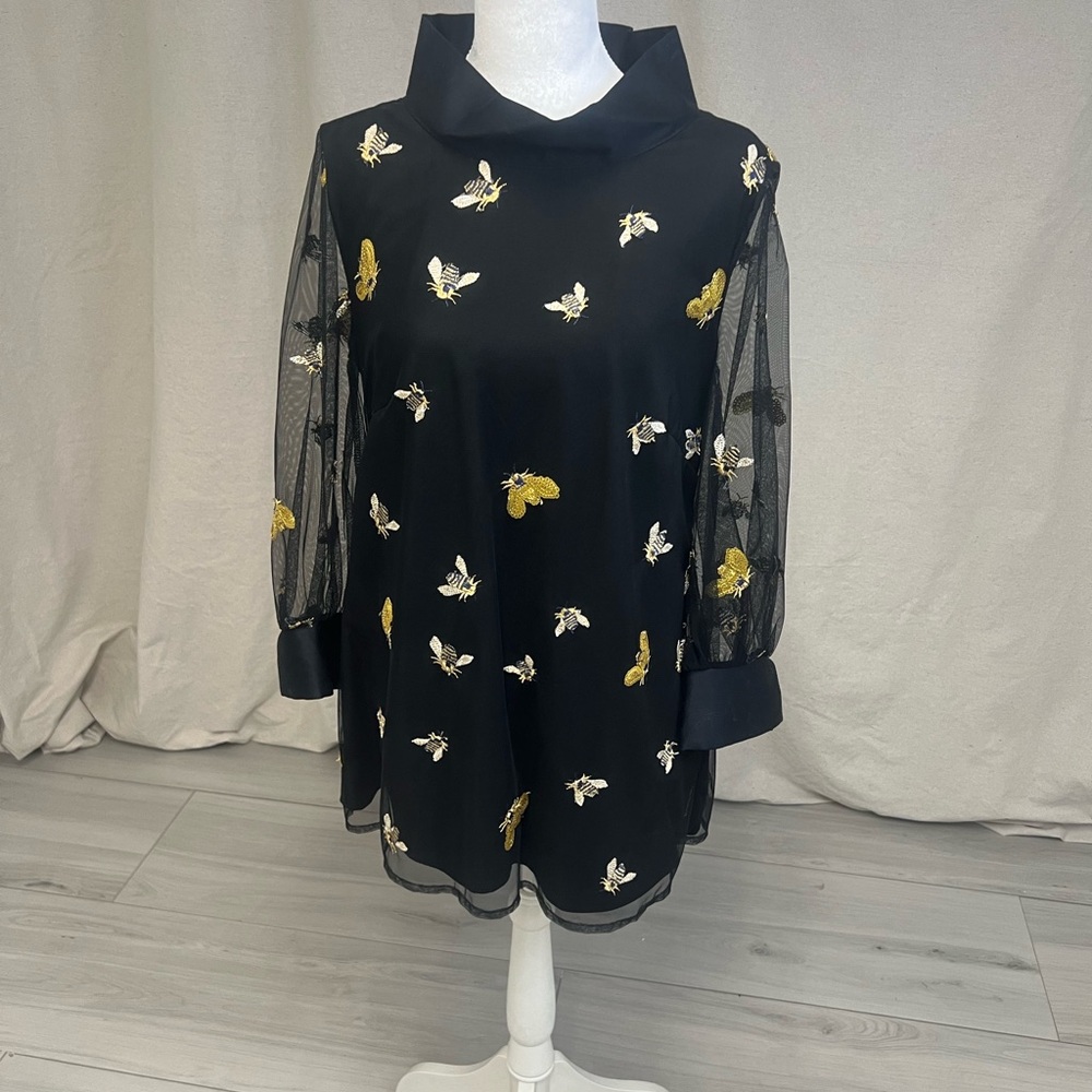 Naracamicie Embroidered Tunic Blouse Sz S Black Butterfly Sequin Boho Italy
